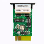 MODBUS PVM-MCN-EN circuit board with components, barcode label, and yellow connector strip, top-down view.