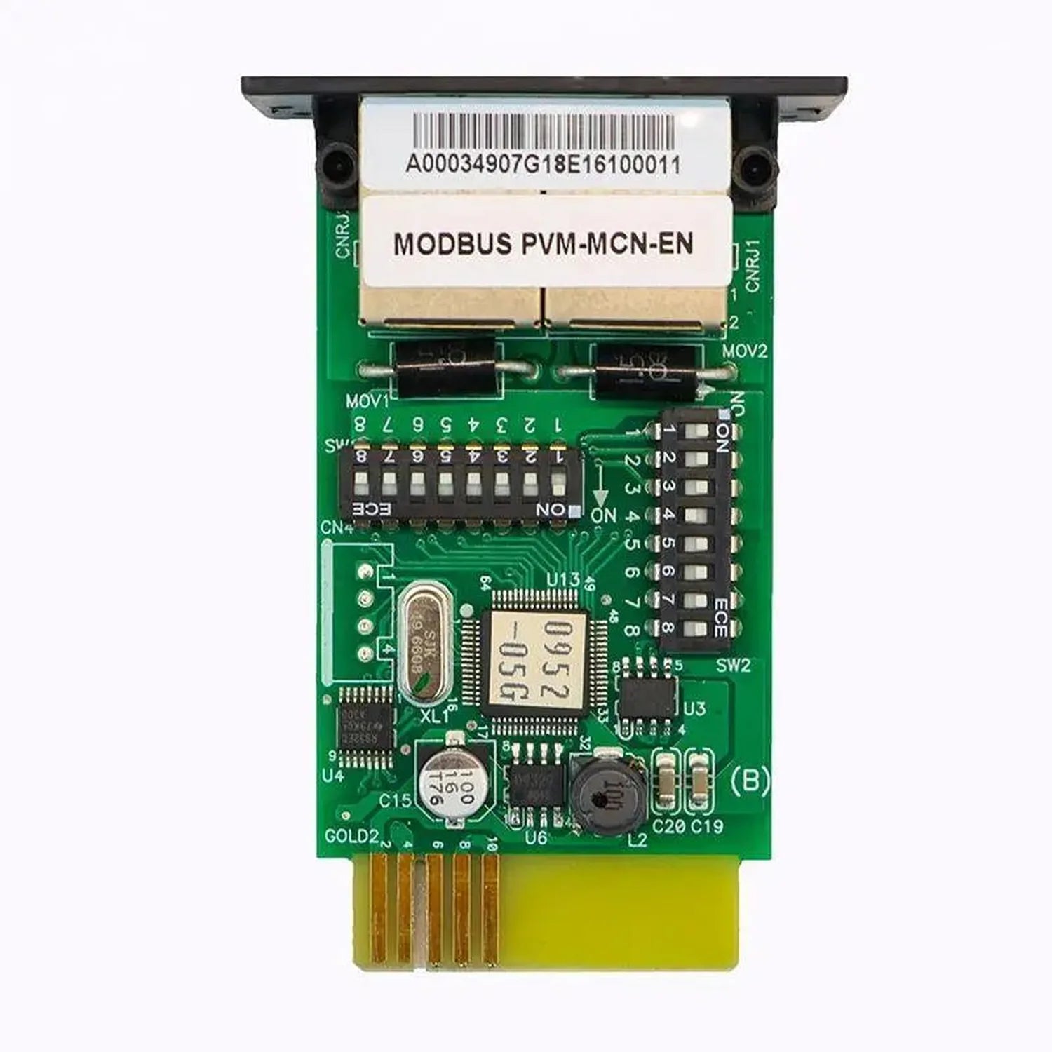 MODBUS PVM-MCN-EN circuit board with components, barcode label, and yellow connector strip, top-down view.