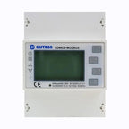 Eastron SDM630-MODBUS digital energy meter mounted on DIN rail with LCD display and four control buttons on right side.