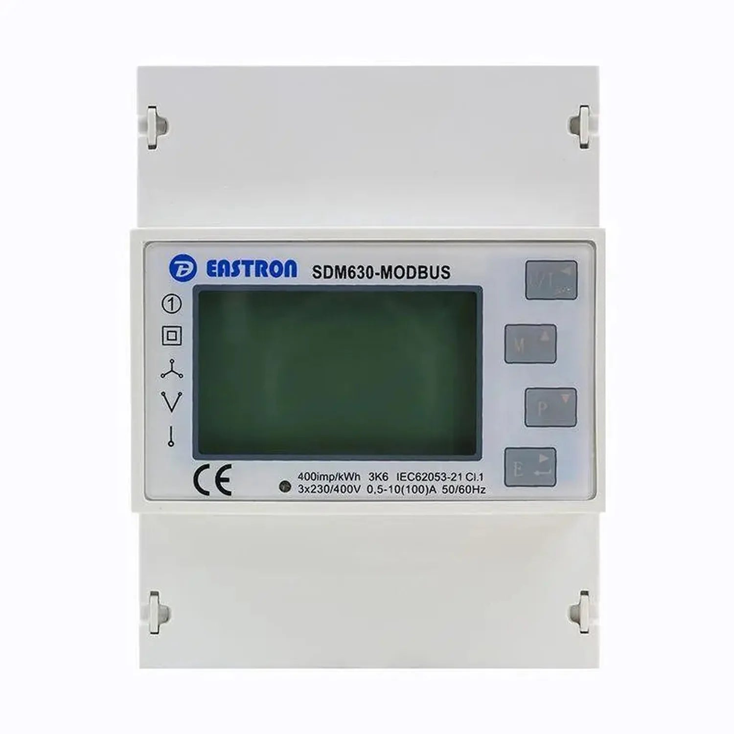 Eastron SDM630-MODBUS digital energy meter mounted on DIN rail with LCD display and four control buttons on right side.
