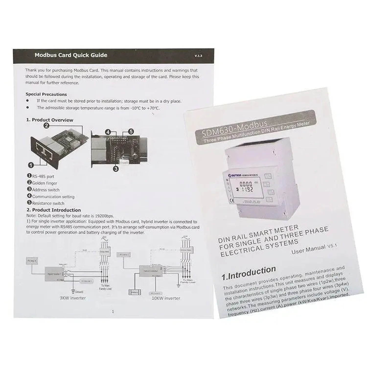 Product manuals and documentation for Eastron SDM630 energy meter and Modbus card with installation diagrams and user guides.