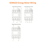 SDM630 Energy Meter wiring diagram showing three configurations: three phase three wires, three phase four wires, and single 