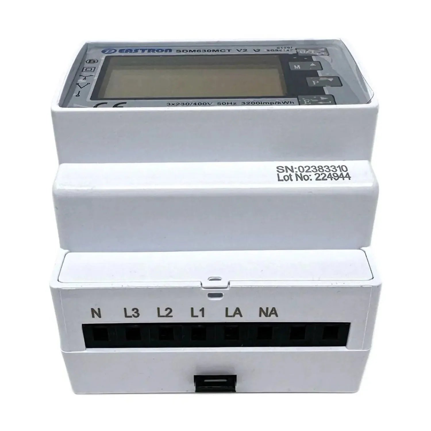 Eastron SDM630MCT three-phase energy meter showing display panel, terminal connections labeled N L3 L2 L1 LA NA, and serial n