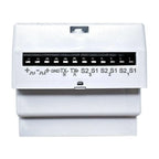 White terminal block showing 12 electrical connectors labeled for power, ground, serial transmission, and three switch inputs