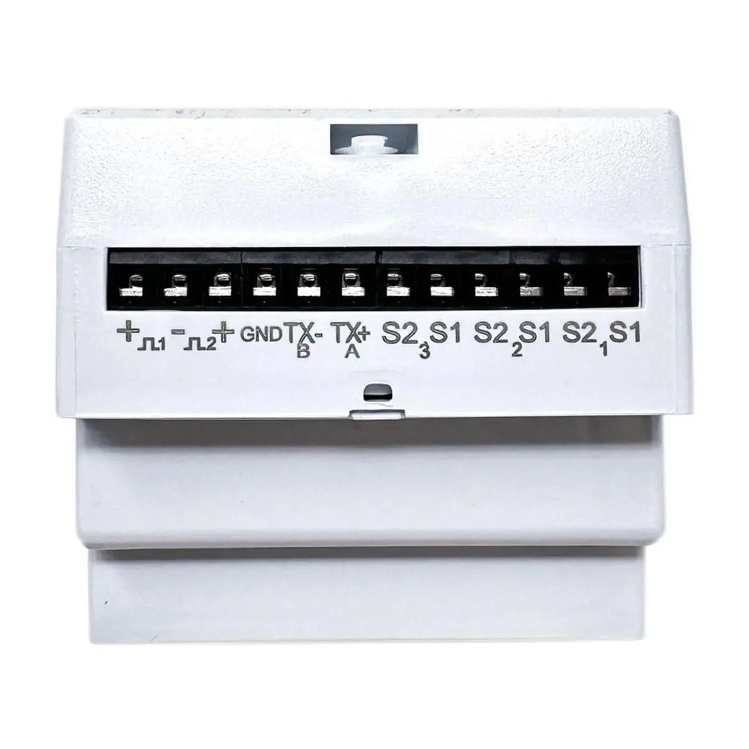 White terminal block showing 12 electrical connectors labeled for power, ground, serial transmission, and three switch inputs