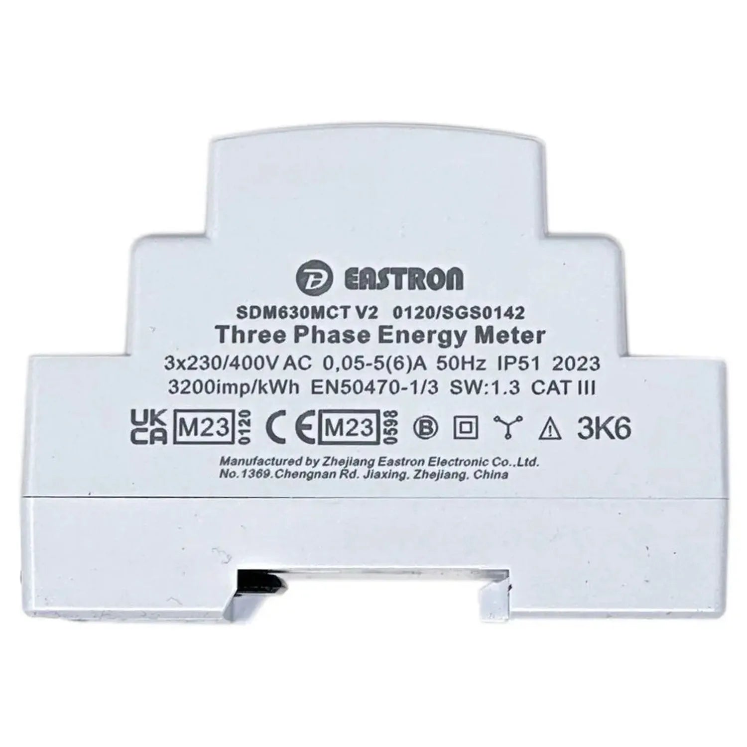 Eastron SDM630MCT V2 three phase energy meter label showing specifications and CE certification marks.