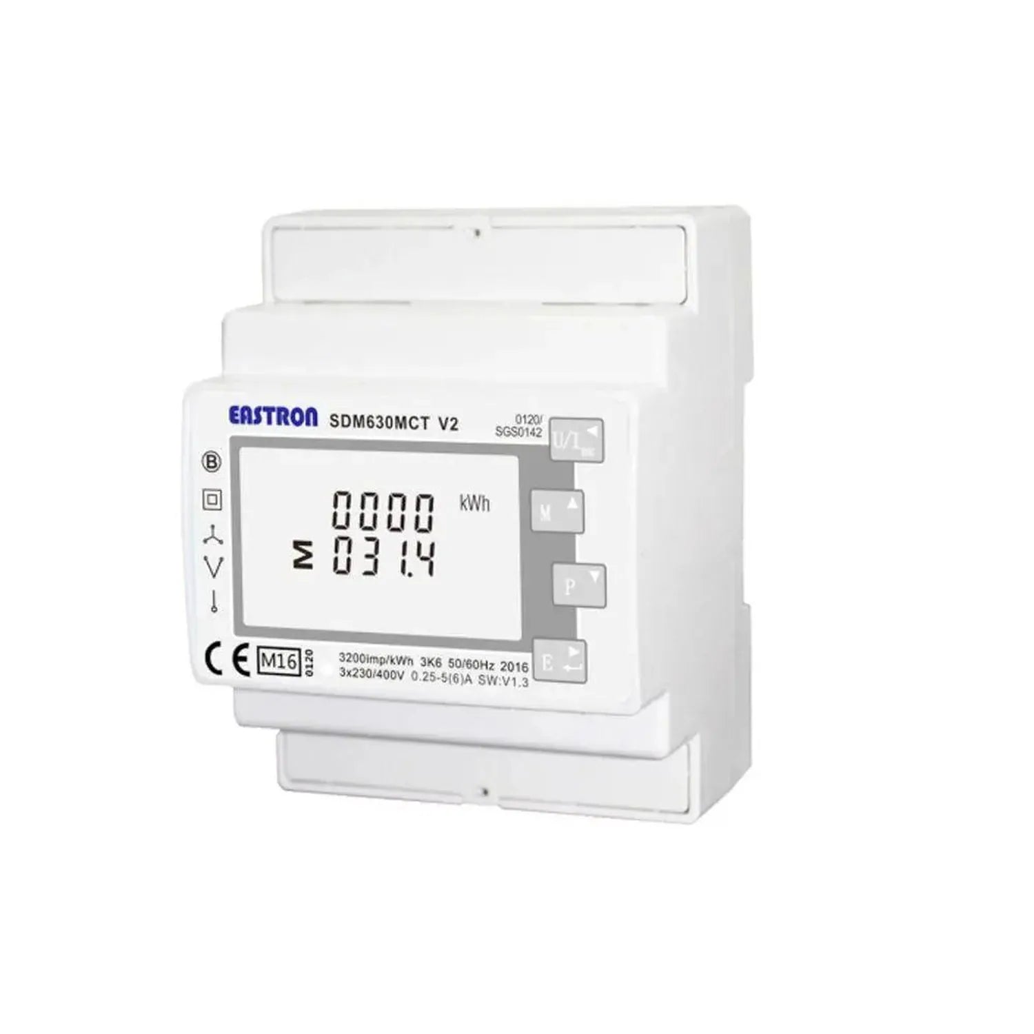 Eastron SDM630MCT V2 three-phase energy meter displaying kWh reading on LCD screen, mounted on DIN rail.