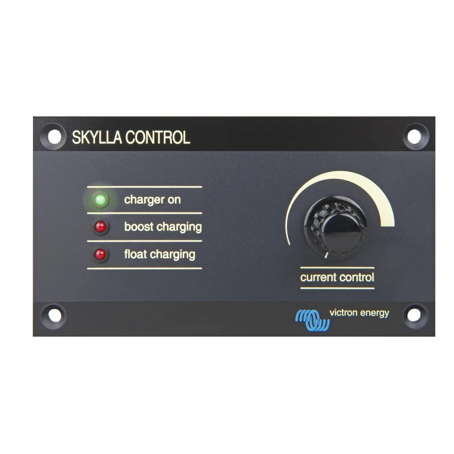 Victron Skylla Control remote panel showing charger status indicators and current control dial, front view.
