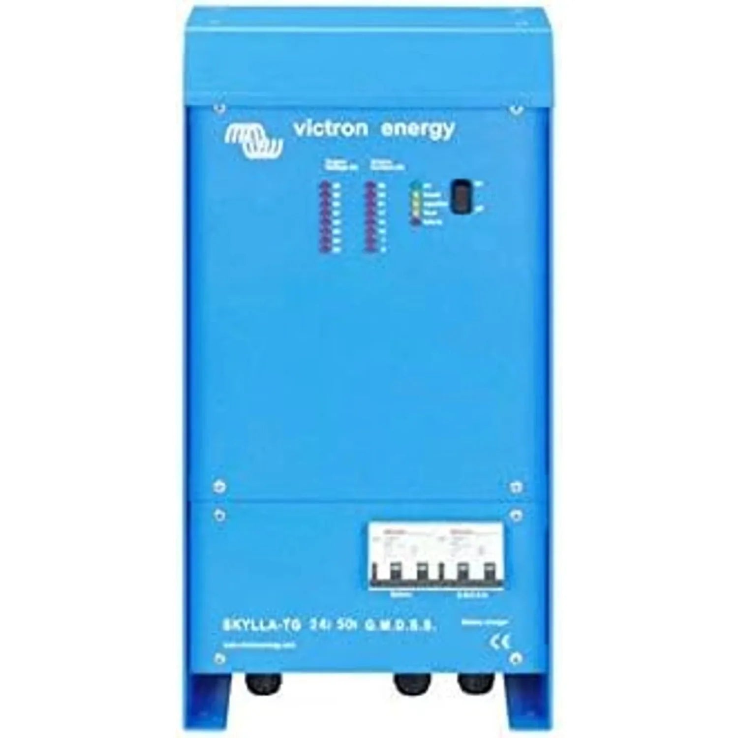 Blue Victron Energy Skylla-TG marine battery charger with LED indicator lights and terminal connections on front panel.