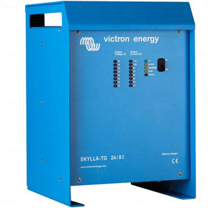 Victron Energy Skylla-TG 24/80 battery charger, blue metal enclosure with control panel showing voltage and current output in