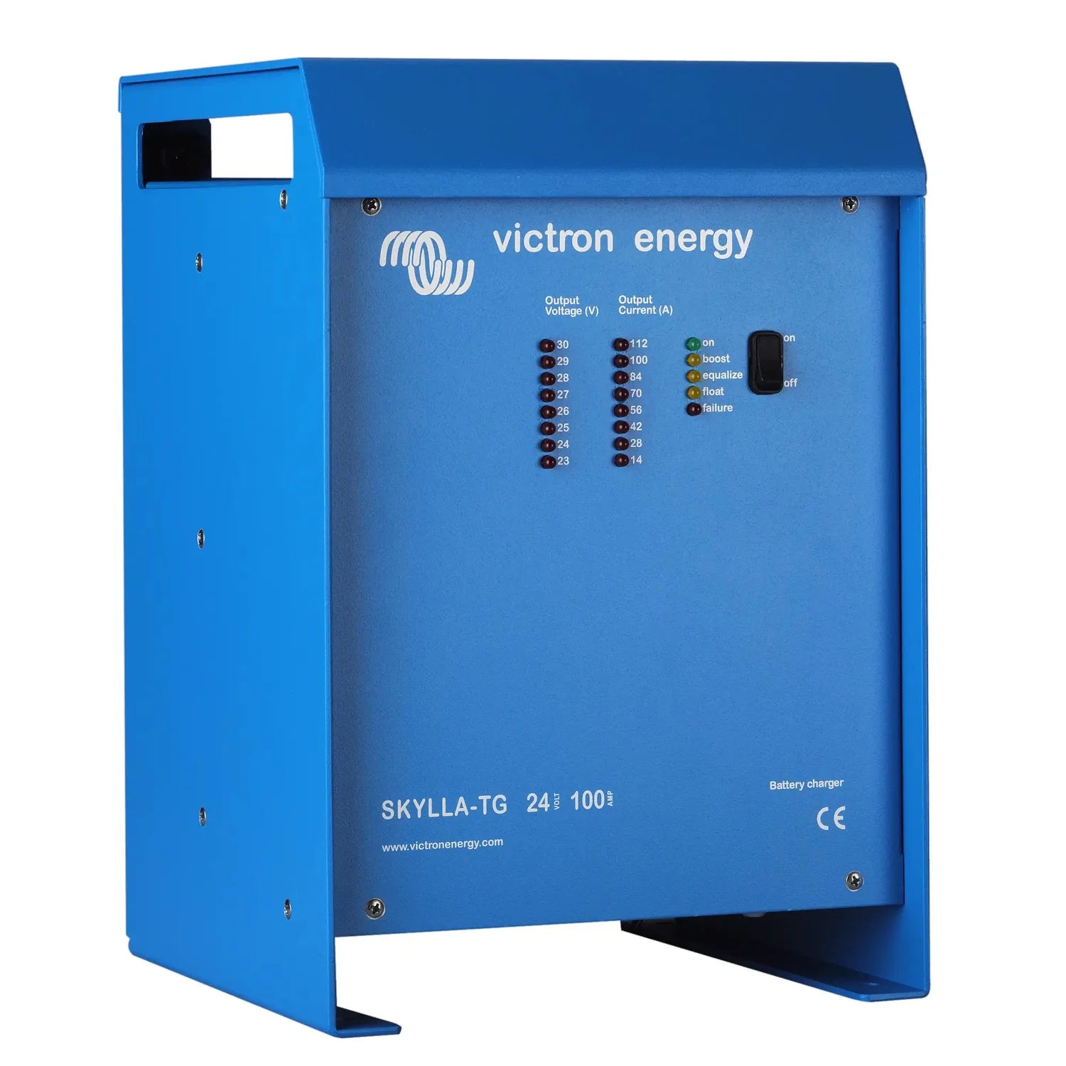 Victron Energy Skylla-TG 24/100 battery charger, blue metal enclosure with control panel showing output voltage and current i