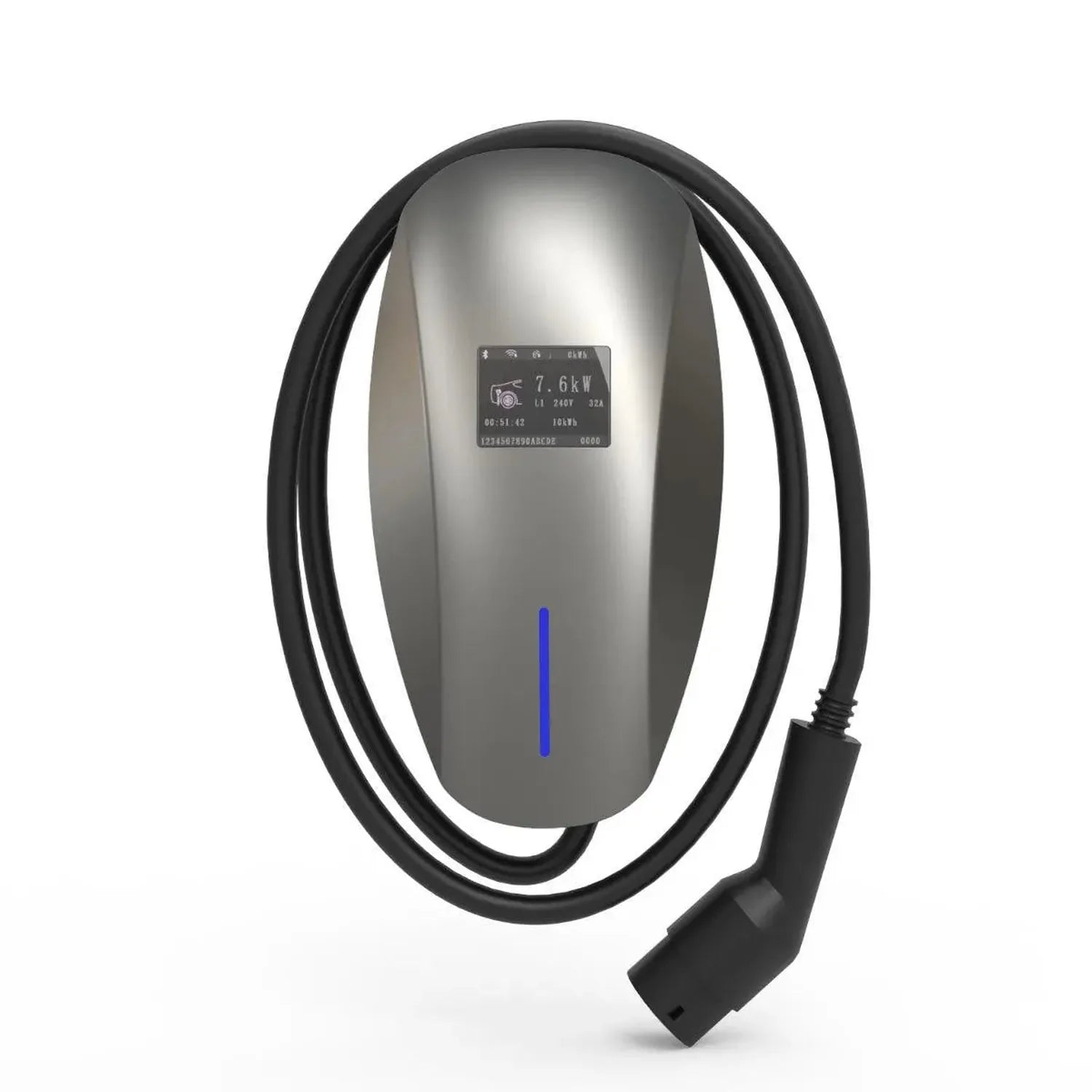 Silver wall-mounted EV charger with attached black cable, display screen showing 7.6kW output, and blue LED indicator light.