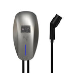 Silver wall-mounted EV charger with digital display showing 7.6kW output, blue LED indicator, and detached black charging cab