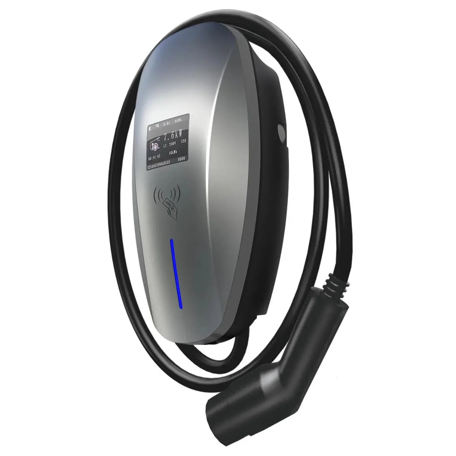 Sleek silver and black 11kW EV charger with coiled Type 2 cable, digital display, RFID symbol, and blue status indicator ligh