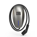 Silver and black wall-mounted EV charger with coiled cable, blue status indicator, and specification label displaying 7.6kW o