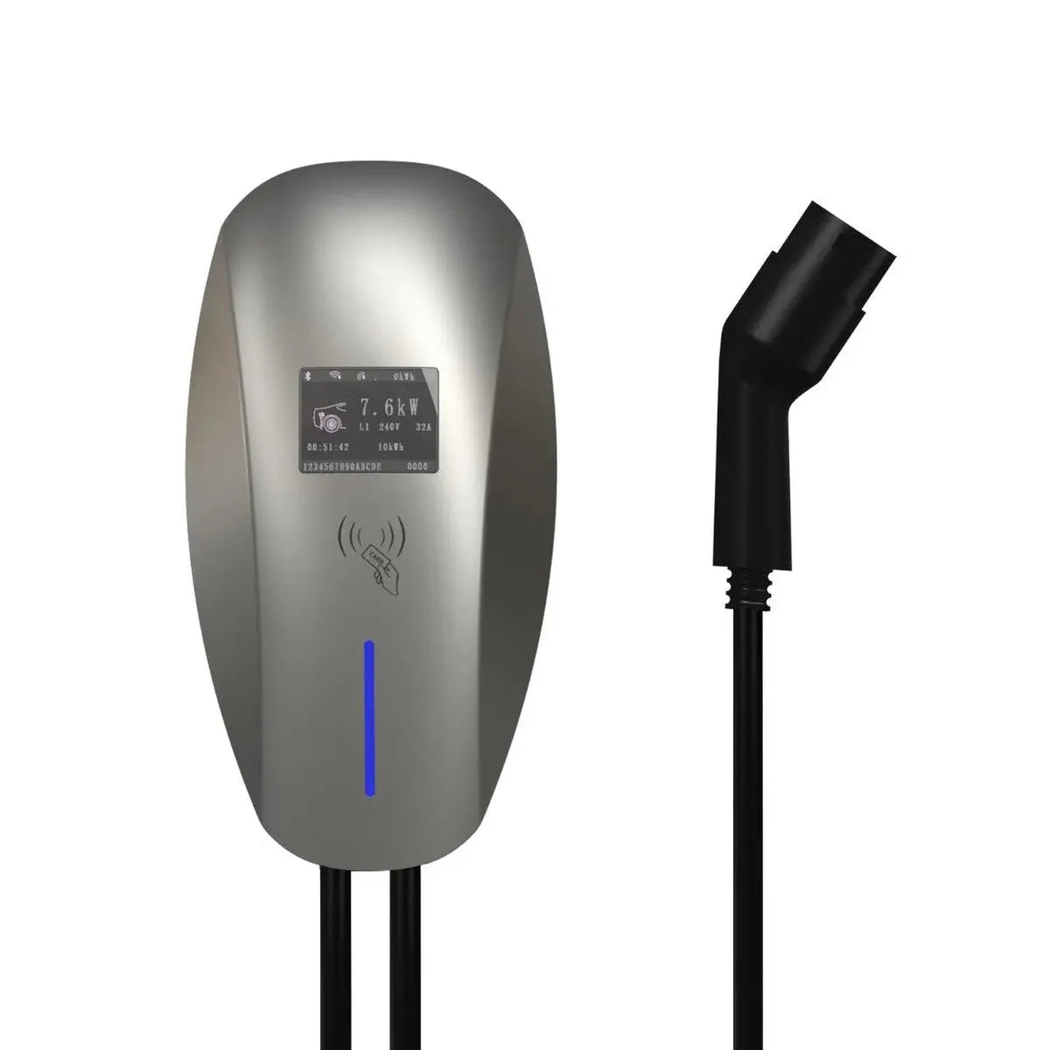 Silver wall-mounted EV charger displaying 7.6kW output with attached black charging cable and blue LED indicator light.