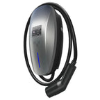 Silver and black EV charging station with coiled Type 2 cable, display screen, and blue status indicator light.
