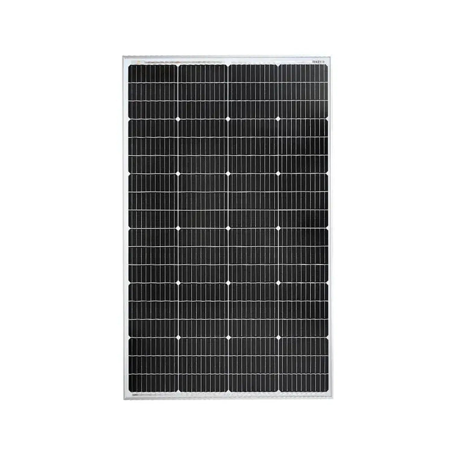 180W monocrystalline solar panel with black cells in aluminum frame, shown straight on against white background.