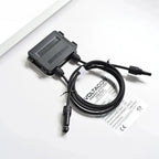 Voltacon solar panel energy system controller with coiled black cable and instruction manual on white background.