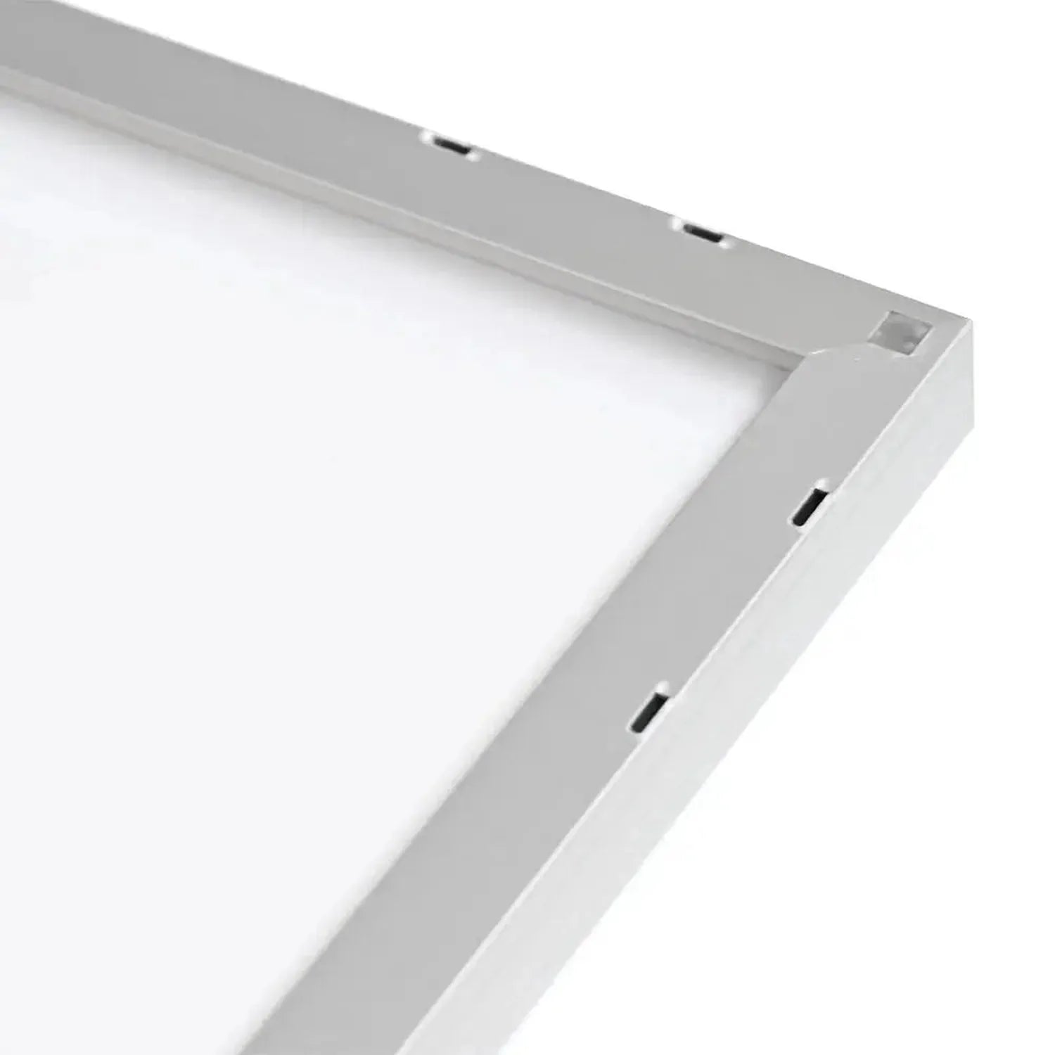 White aluminum frame corner detail showing mounting slots and internal diffuser panel for solar panel assembly.