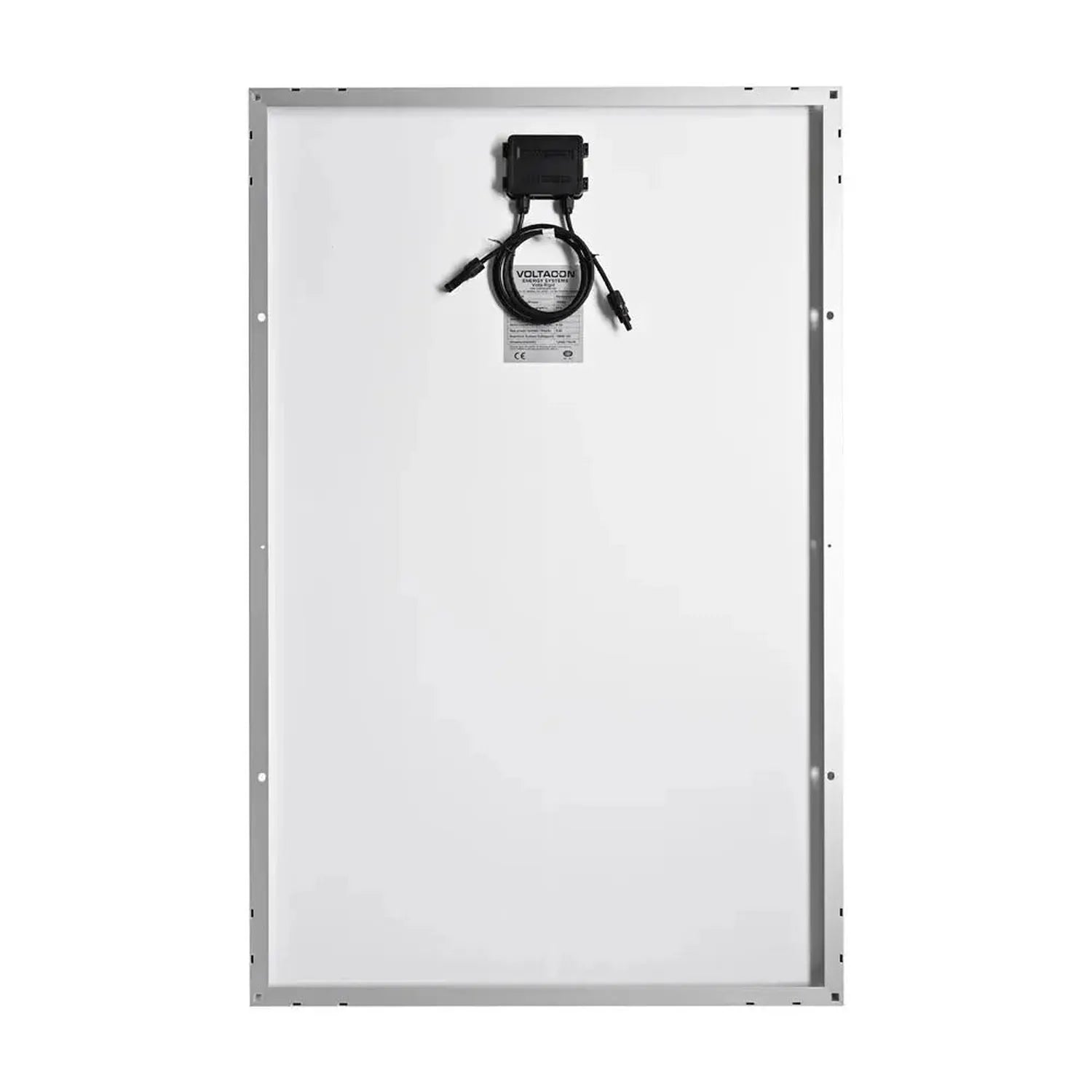 Back view of 180W monocrystalline solar panel showing aluminum frame, white surface, and mounted junction box with coiled bla