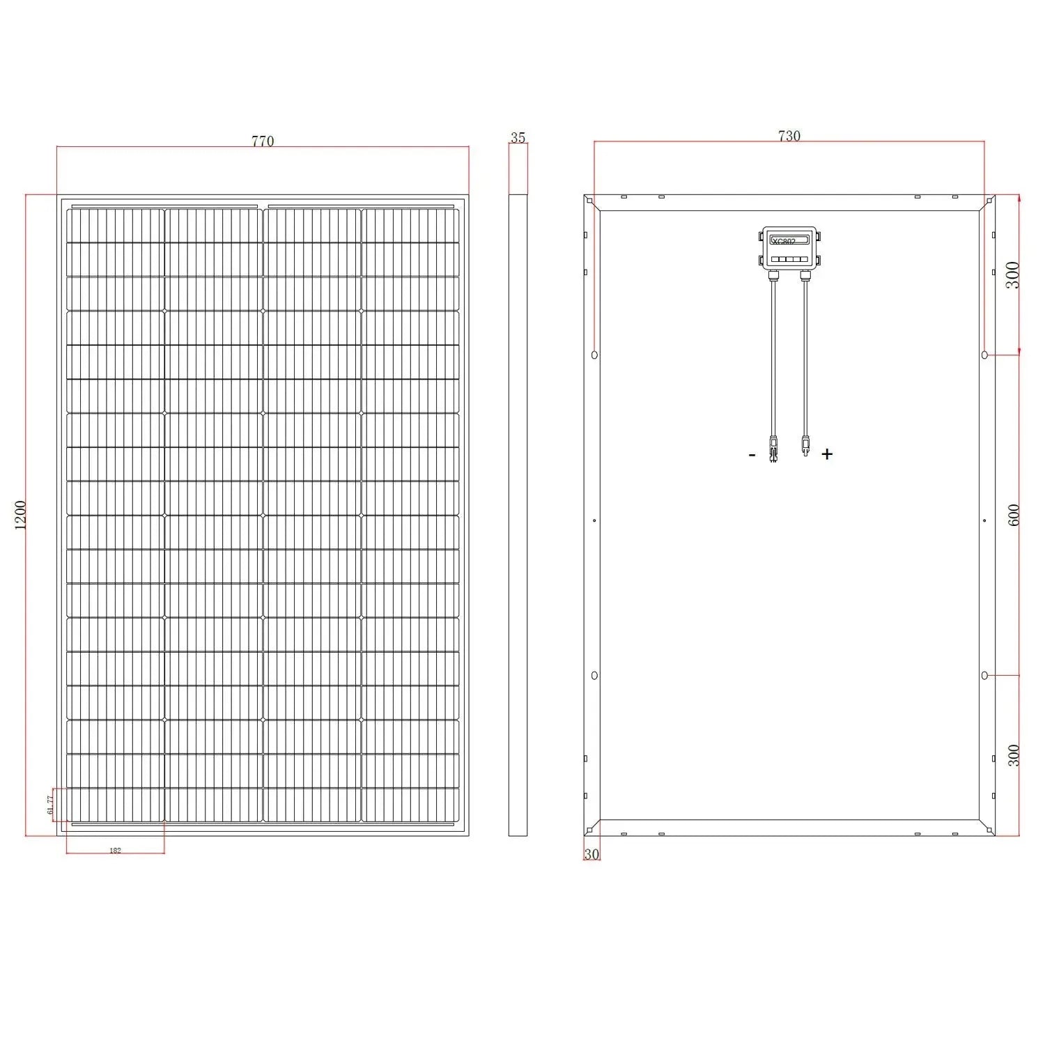 Technical dimension diagram of 180W monocrystalline solar panel showing front and back views with measurements and junction b