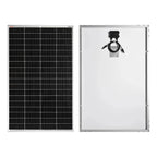 Front and back views of 180W monocrystalline solar panel with aluminum frame and junction box connector.