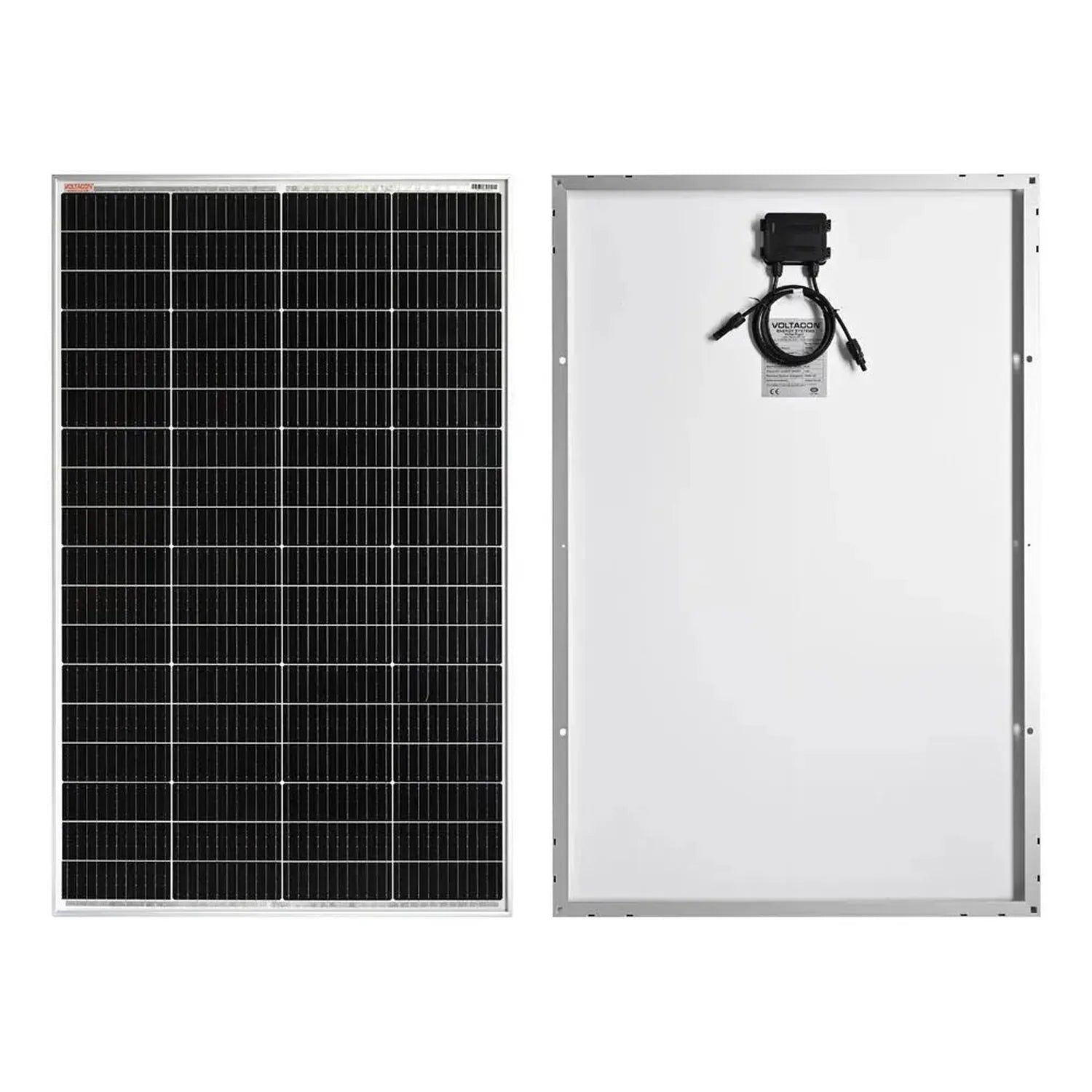 Front and back views of 180W monocrystalline solar panel with aluminum frame and junction box connector.