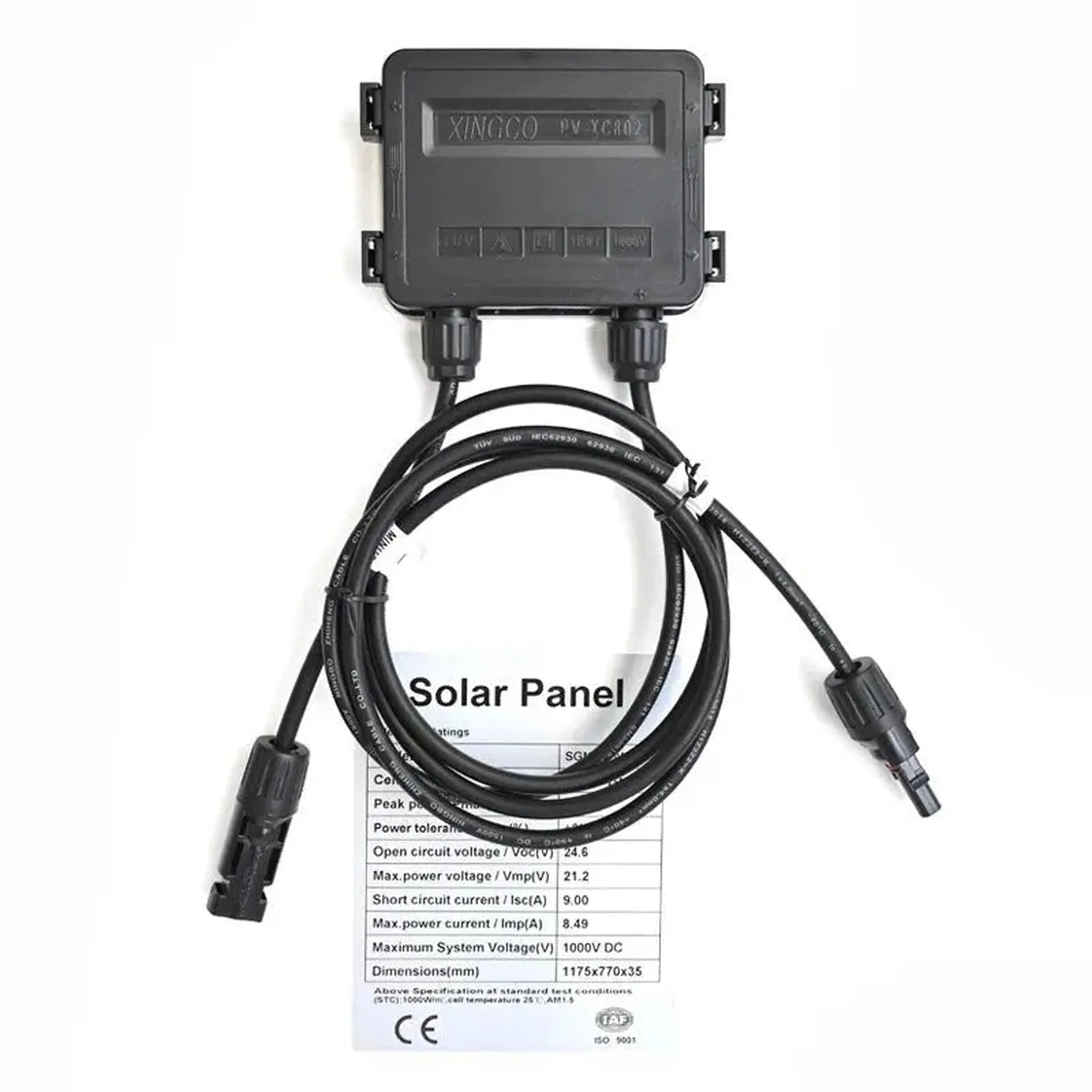 XINGCO solar panel charge controller with cables and specifications sheet showing 24.6V open circuit voltage and 1000V DC max