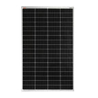 180W monocrystalline solar panel with black cells in silver aluminum frame, front view of product.