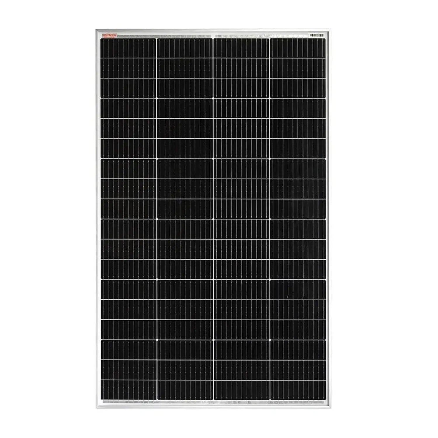 180W monocrystalline solar panel with black cells in silver aluminum frame, front view of product.