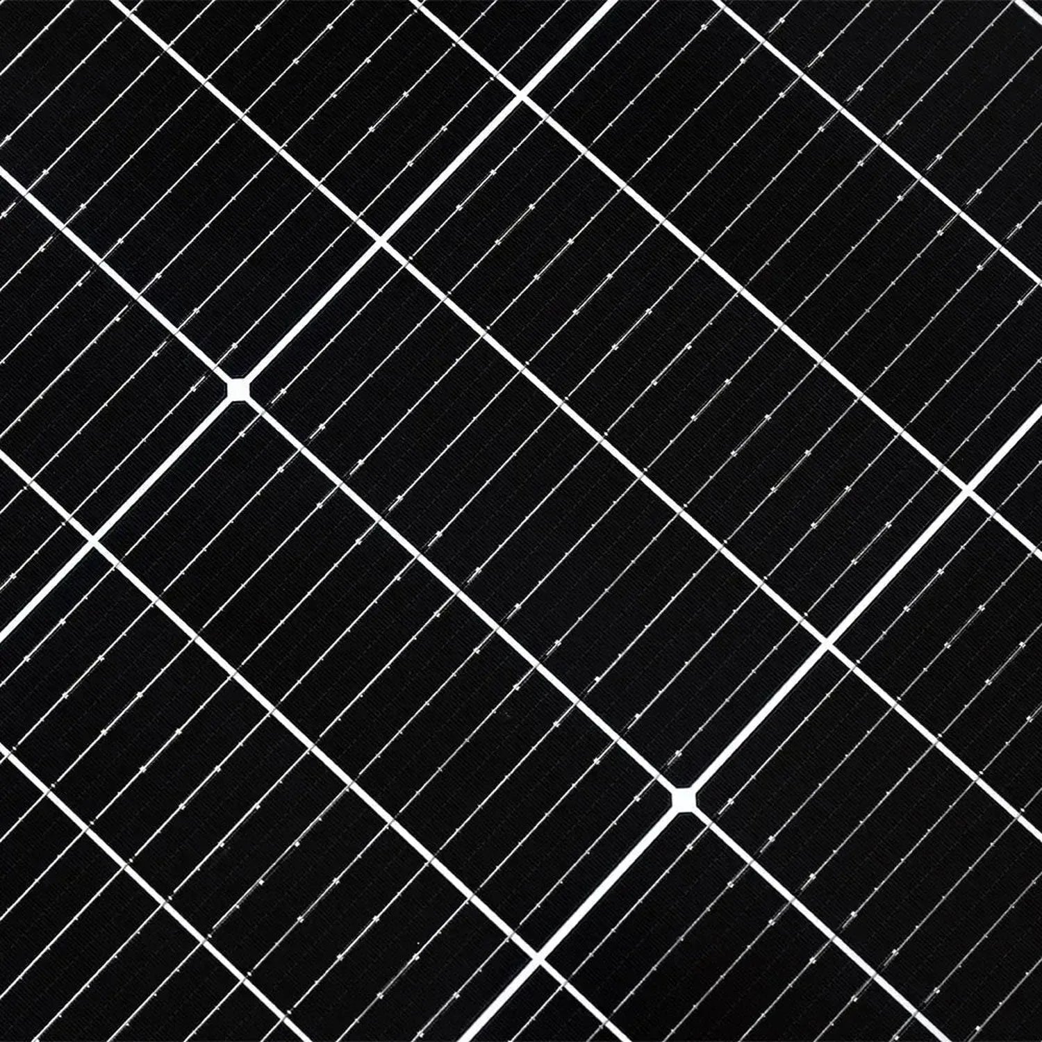 Overhead view of a monocrystalline solar panel with dark cells arranged in diagonal rows, separated by white gridlines and al