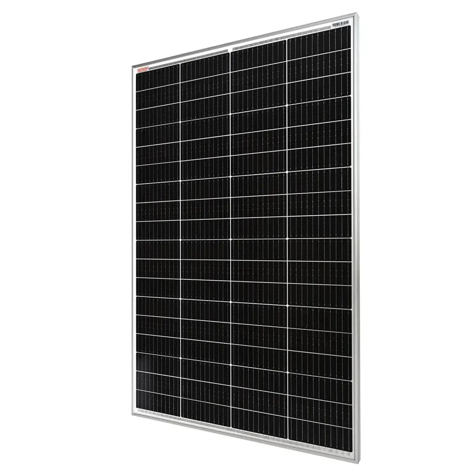 180W monocrystalline solar panel with black cells in silver aluminium frame, shown at an angle against white background.