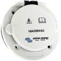 White circular shore power inlet with 16A/250VAC rating and Victron Energy Blue Power branding, showing warning and instructi