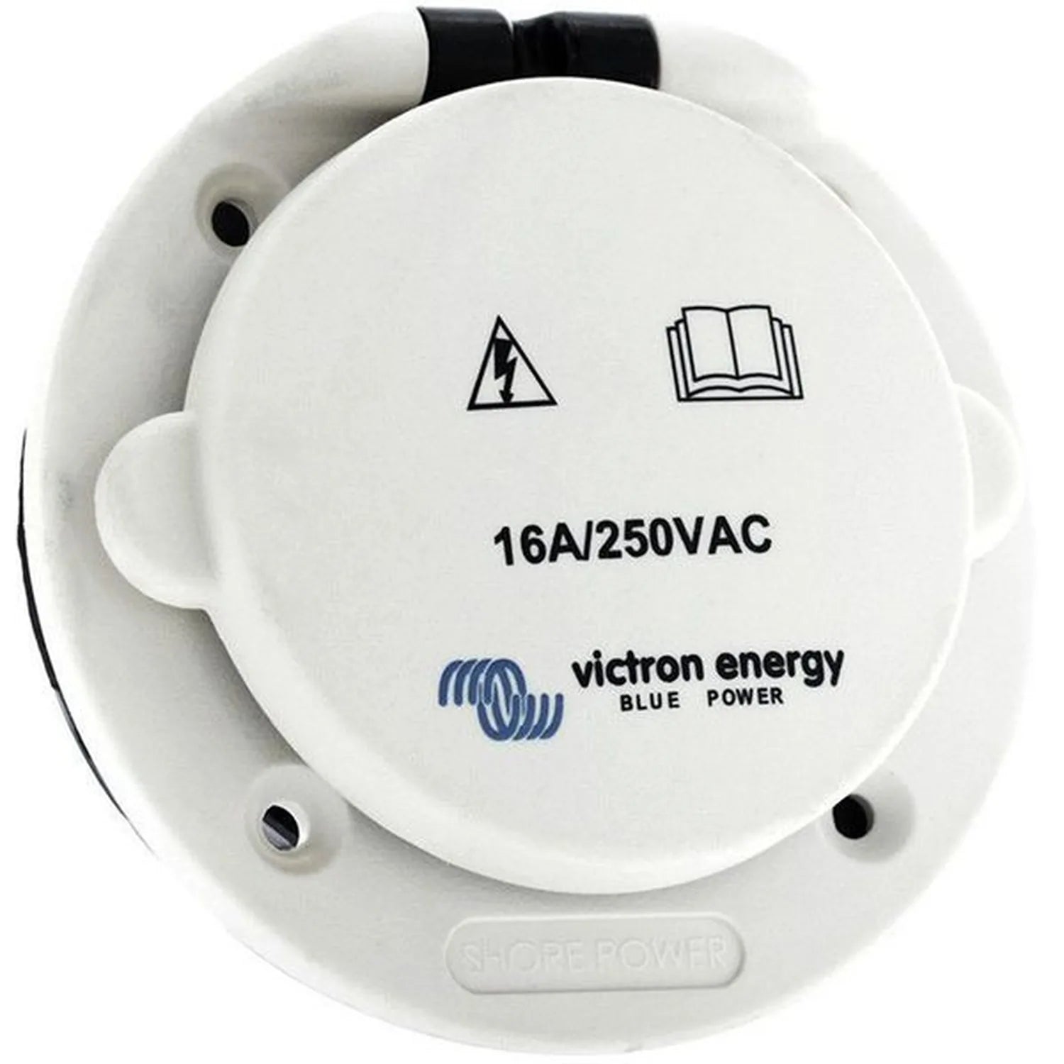 White circular shore power inlet with 16A/250VAC rating and Victron Energy Blue Power branding, showing warning and instructi