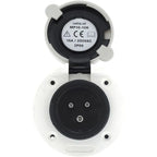 White and black plastic shore power inlet with three circular contact holes, mounted with specification label visible on hing