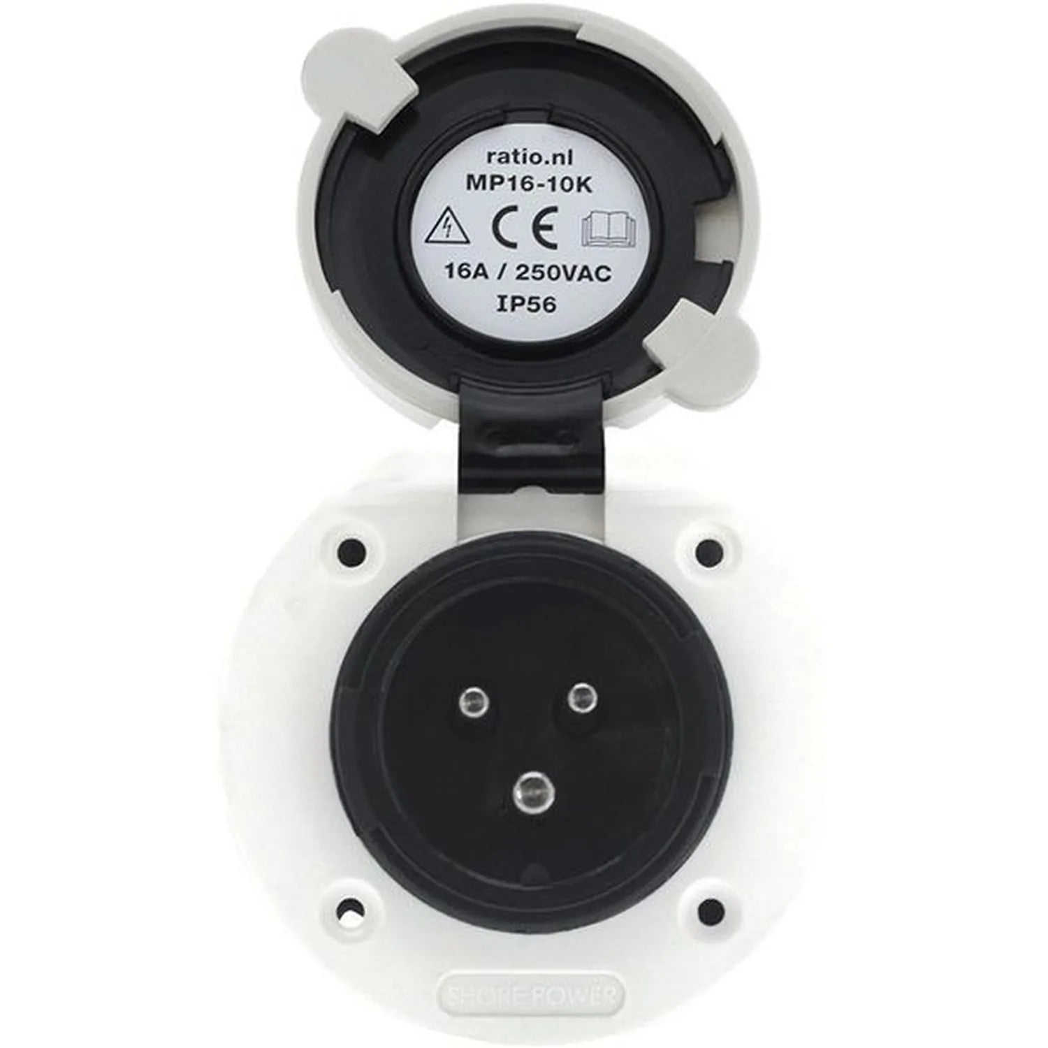 White and black plastic shore power inlet with three circular contact holes, mounted with specification label visible on hing