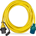 Coiled yellow extension cord with black plug connector on left and green socket connector on right, displayed against white b