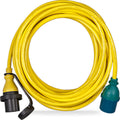 Coiled yellow shore power cord with yellow connector on left and green connector on right, displayed against white background