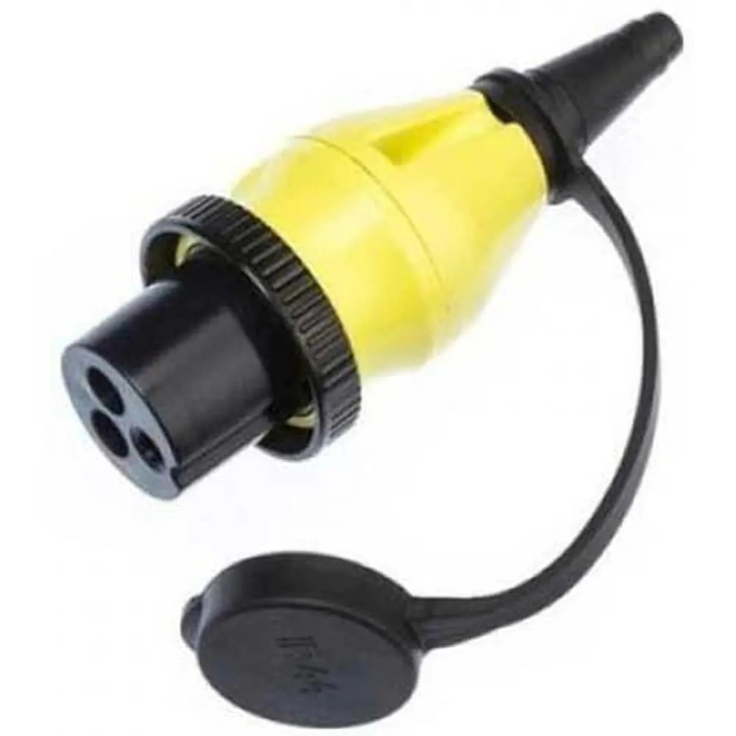 Victron 32A power inlet connector with yellow receptacle housing, black grip ring, and detachable dust cap, product photograp