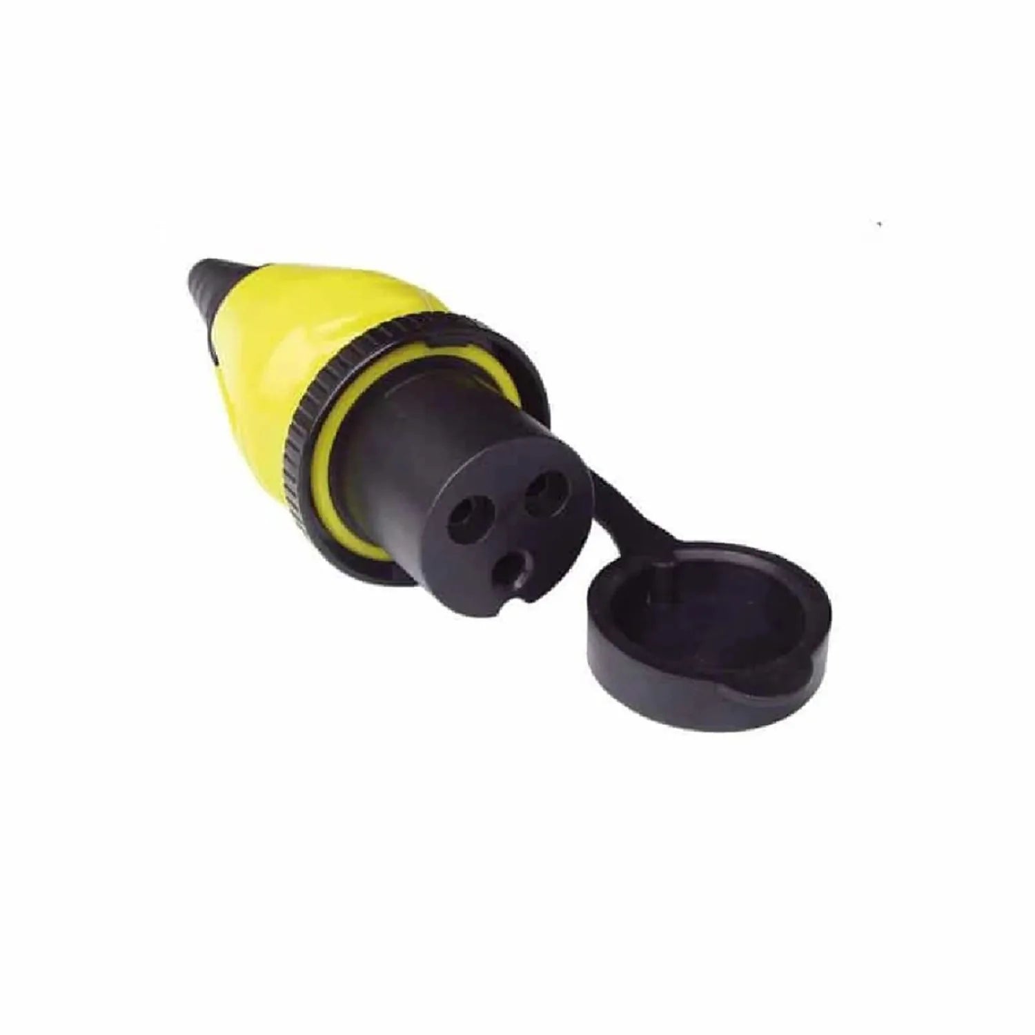 Yellow and black 32A electrical shore power inlet plug with three circular socket holes and removable dust cap, product alone