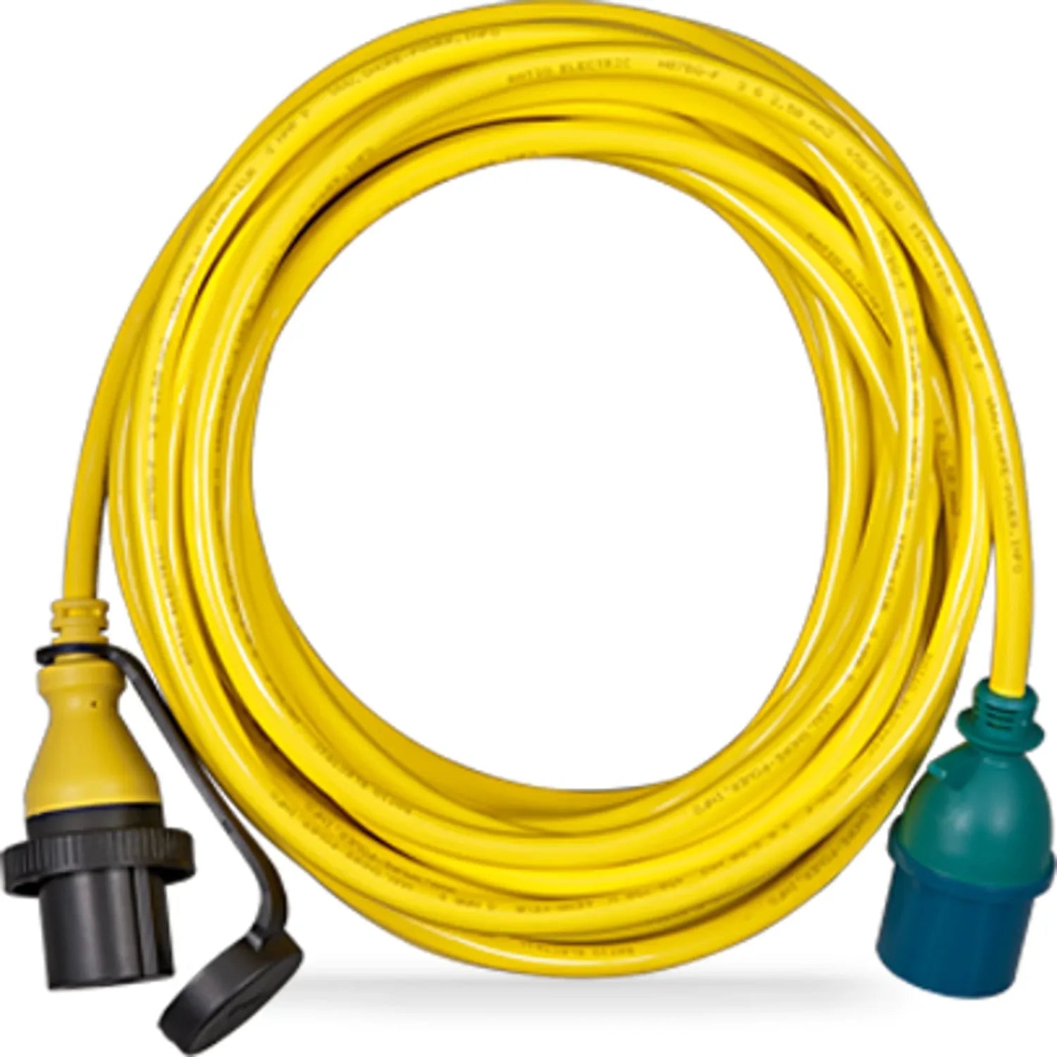 Yellow shore power cord coiled with yellow connector on left and teal connector on right, product shot on white background.