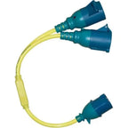 Yellow electrical splitter cord with blue CEE connectors, one plug end splitting to two coupling ends.