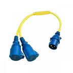 Yellow industrial power splitter cord with blue CEE connectors, one male plug end splitting to two female socket ends.