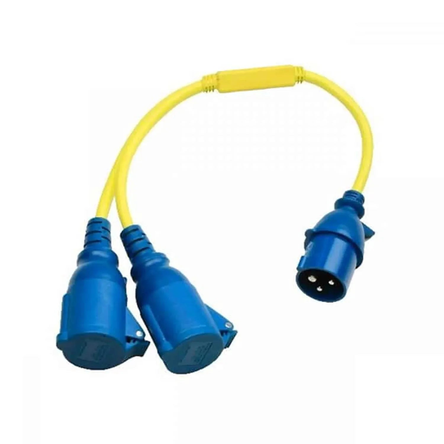 Yellow industrial power splitter cord with blue CEE connectors, one male plug end splitting to two female socket ends.