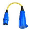 Blue CEE electrical adapter cord with yellow cable, 16A plug on left connected to 32A coupling on right.