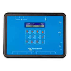 Victron Energy SHS 200 MPPT solar controller with blue touchscreen display showing 100% battery level and 12 control buttons.