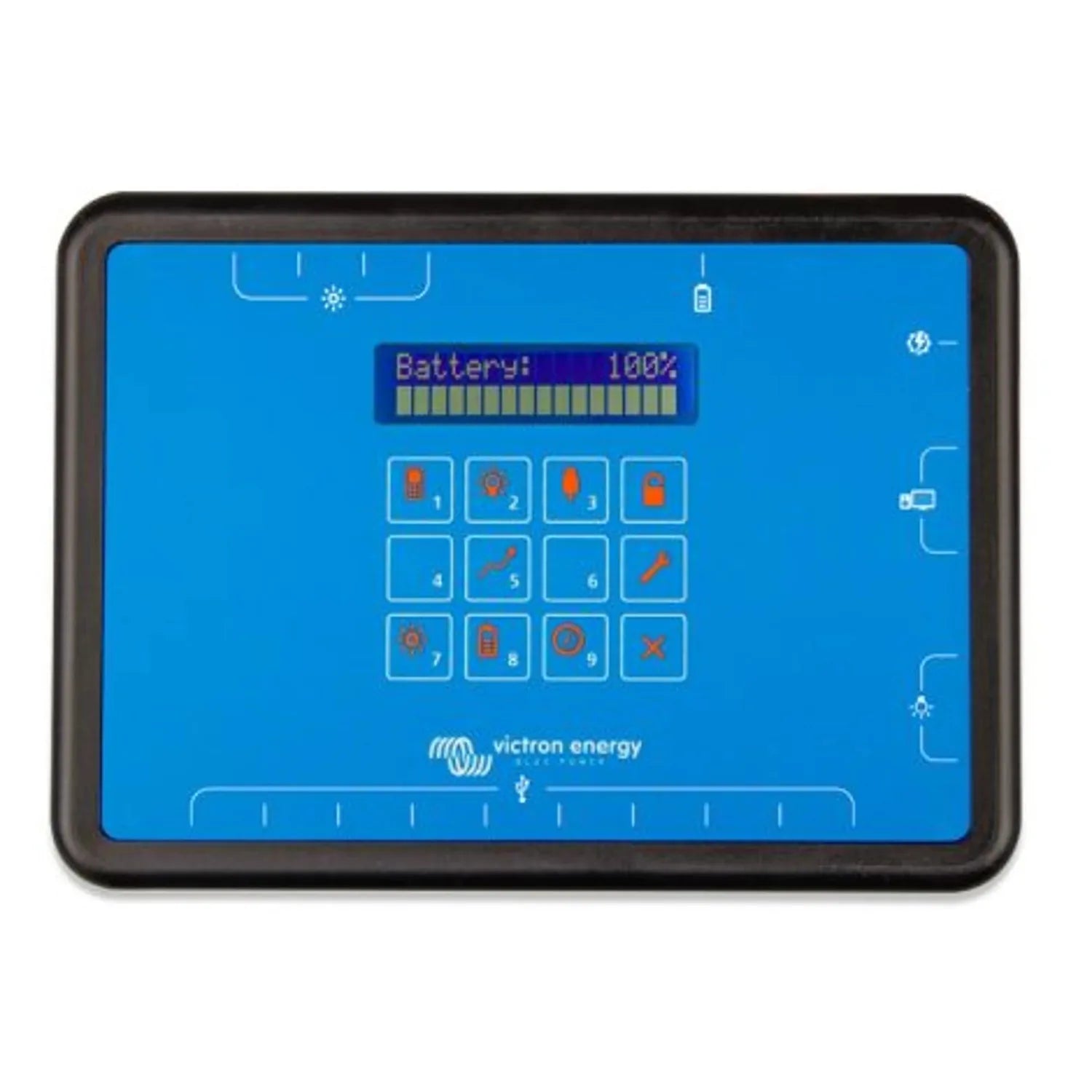 Victron Energy SHS 200 MPPT solar controller with blue touchscreen display showing 100% battery level and 12 control buttons.