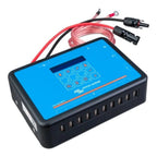 Victron Energy solar charge controller with touchscreen display, red and black cable connectors, and multiple USB ports on bl