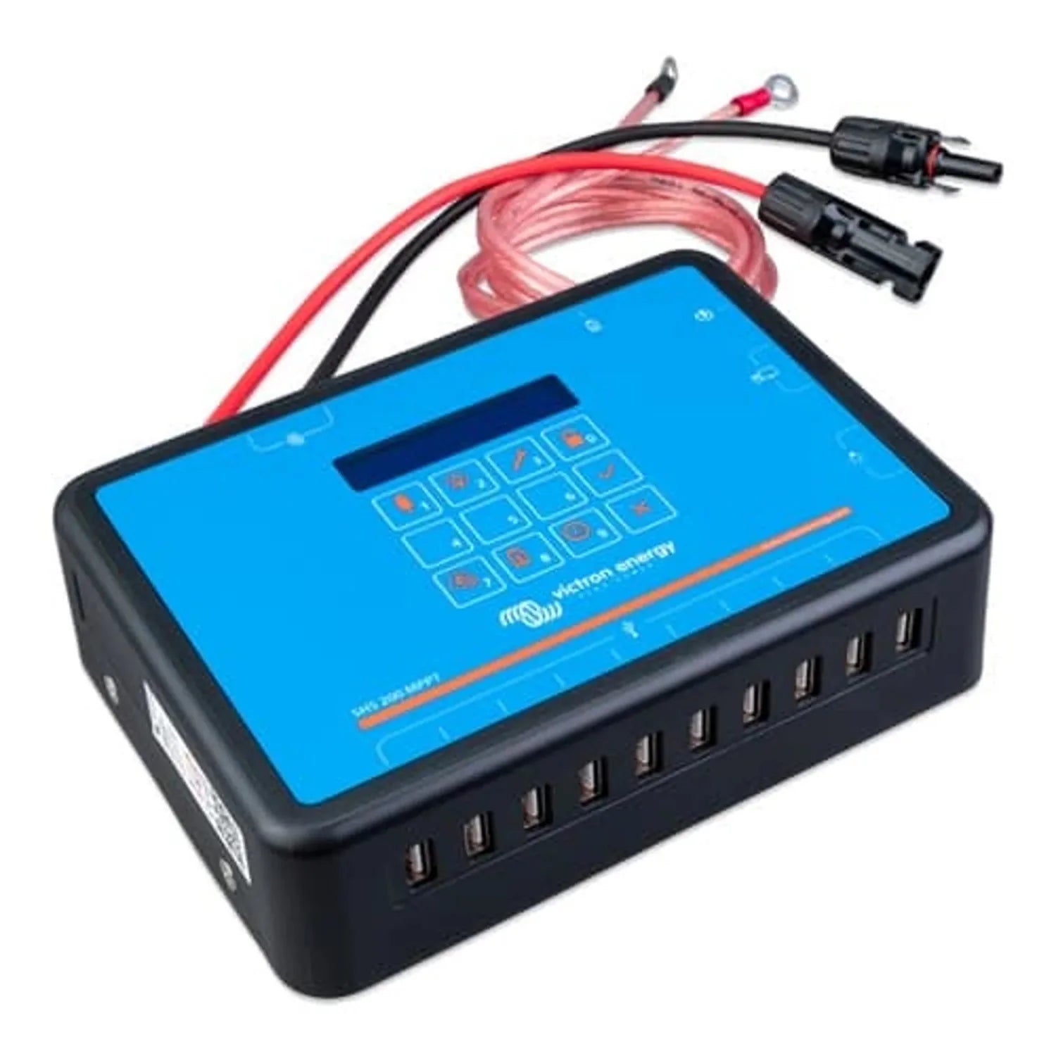 Victron Energy solar charge controller with touchscreen display, red and black cable connectors, and multiple USB ports on bl